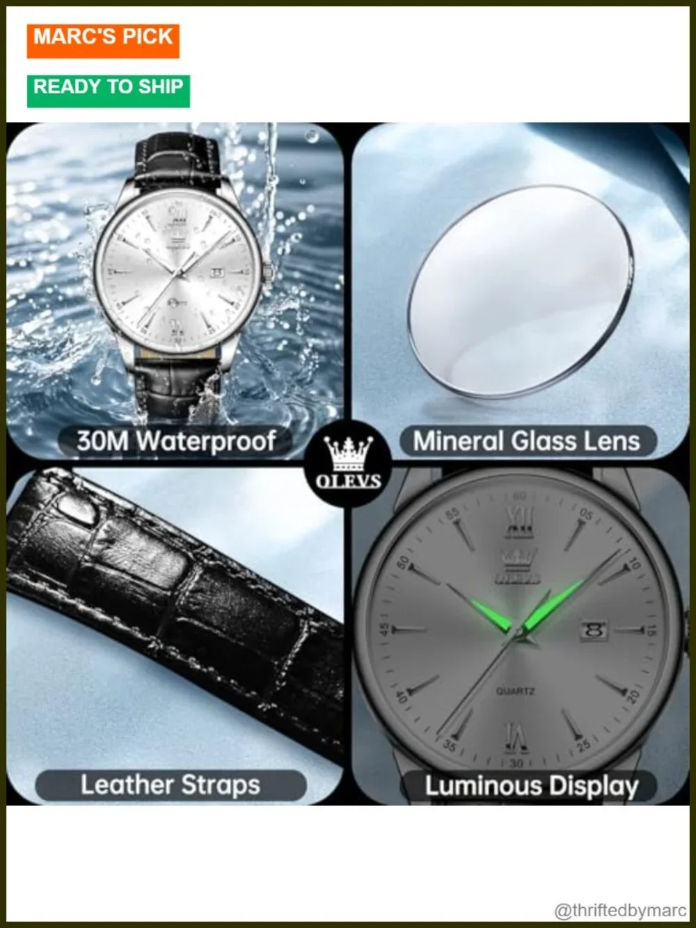 Leather Strap Quartz Watch with Date Window, Easy to Read Dial